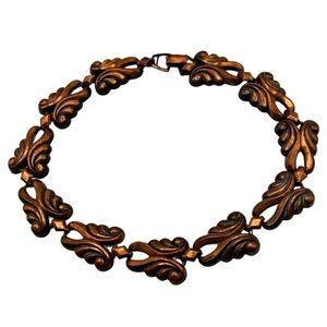 Vintage 1950s Midcentury Copper Fleur de Lis Leaf Motif Choker Necklace